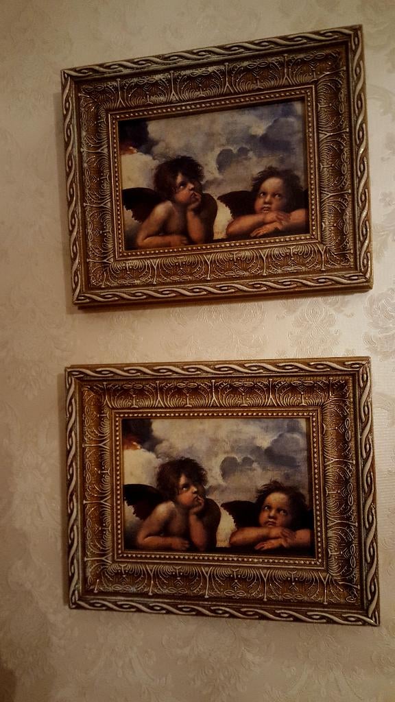2 brocante schilderijtjes met afbeelding engeltjes, Antiek en Kunst, Curiosa en Brocante, Ophalen of Verzenden