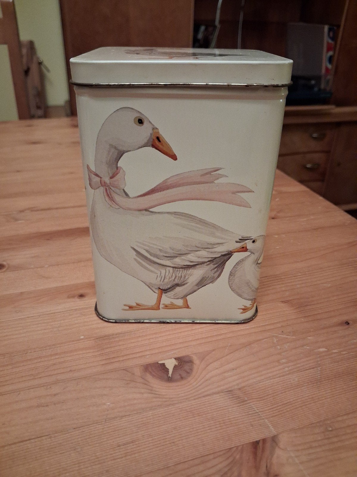 Vintage blikje uit de jaren 80 met ganzen erop., Verzamelen, Ophalen of Verzenden, Gebruikt, Overige