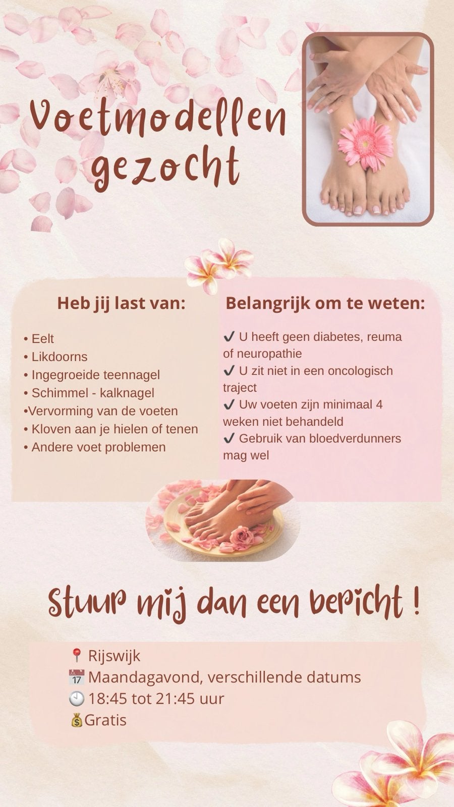 Pedicure modelen gezocht voor opleiding, Ophalen