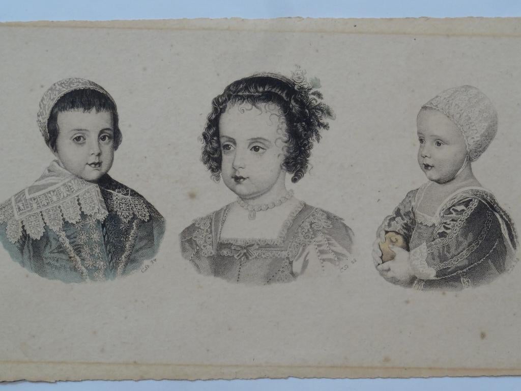 Gravure in kleur mode van drie kinderen uit 17e eeuw, Verzenden, Portret, 1600 - 1699, Gravure