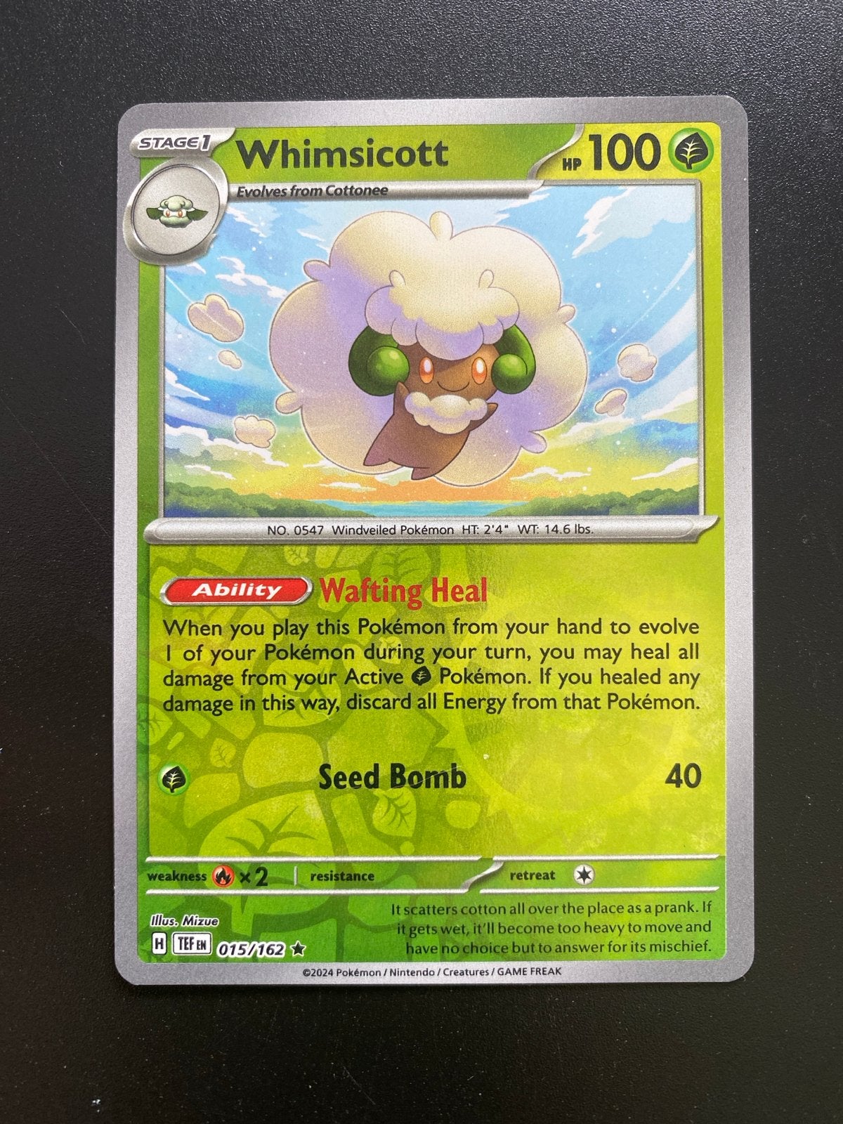 Whimsicott 015/162 Reverse Holo Pokémon Temporal Forces, Ophalen of Verzenden, Zo goed als nieuw, Losse kaart, Foil