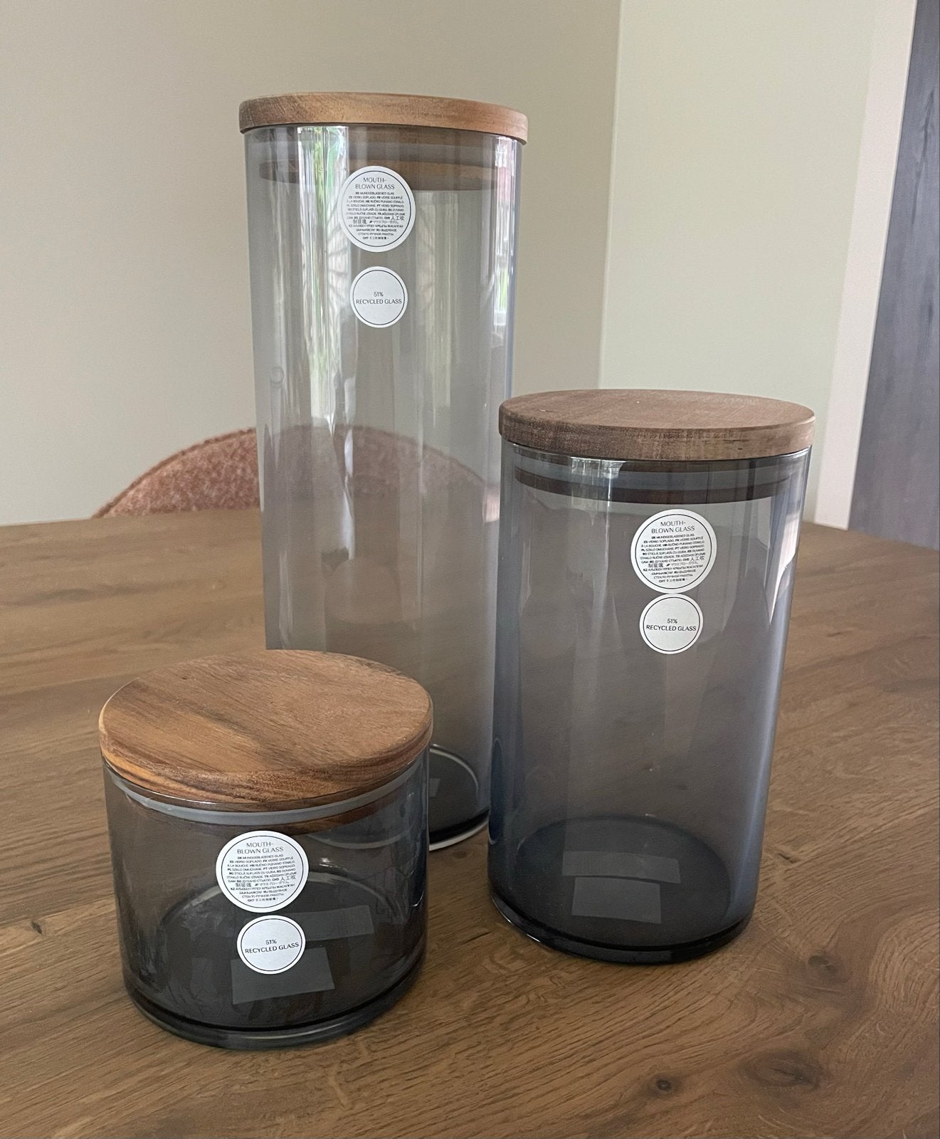 Set van 3 glazen voorraadpotten met houten deksel, Ophalen of Verzenden, Zo goed als nieuw, Modern, Glas