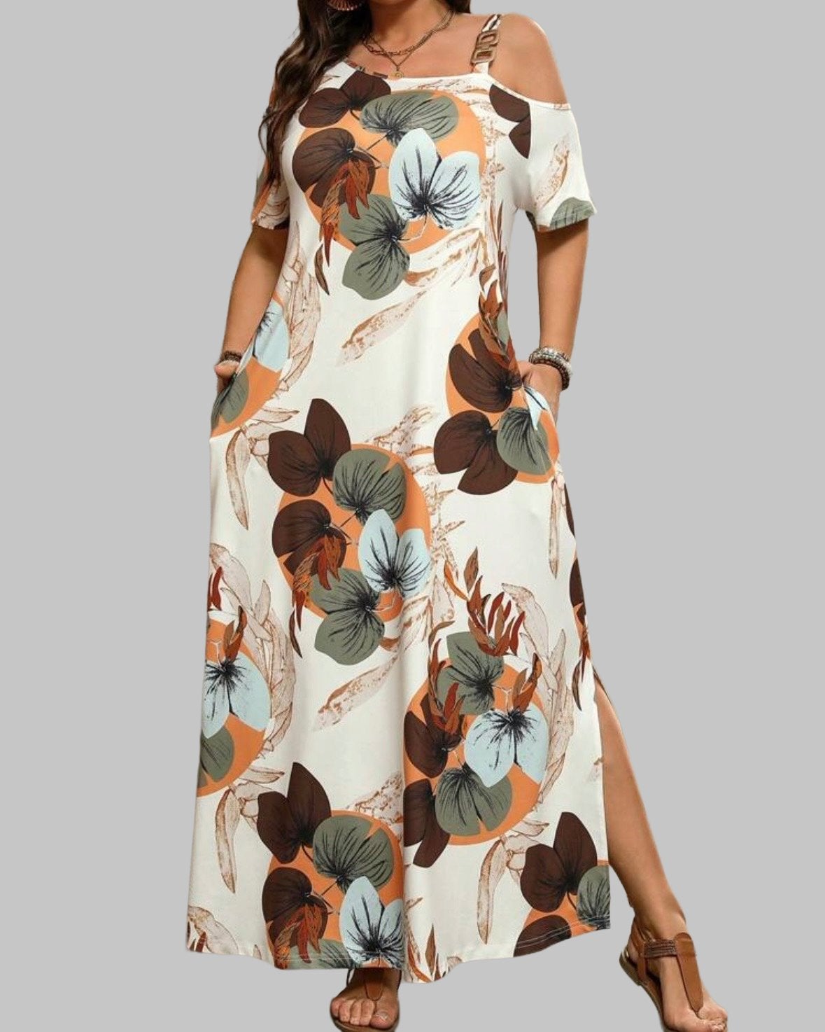 Maxi Jurk met Bloemenprint en Cold Shoulder (44-52), Kleding | Dames, Grote Maten, Verzenden, Nieuw, Meerkleurig, Jurk