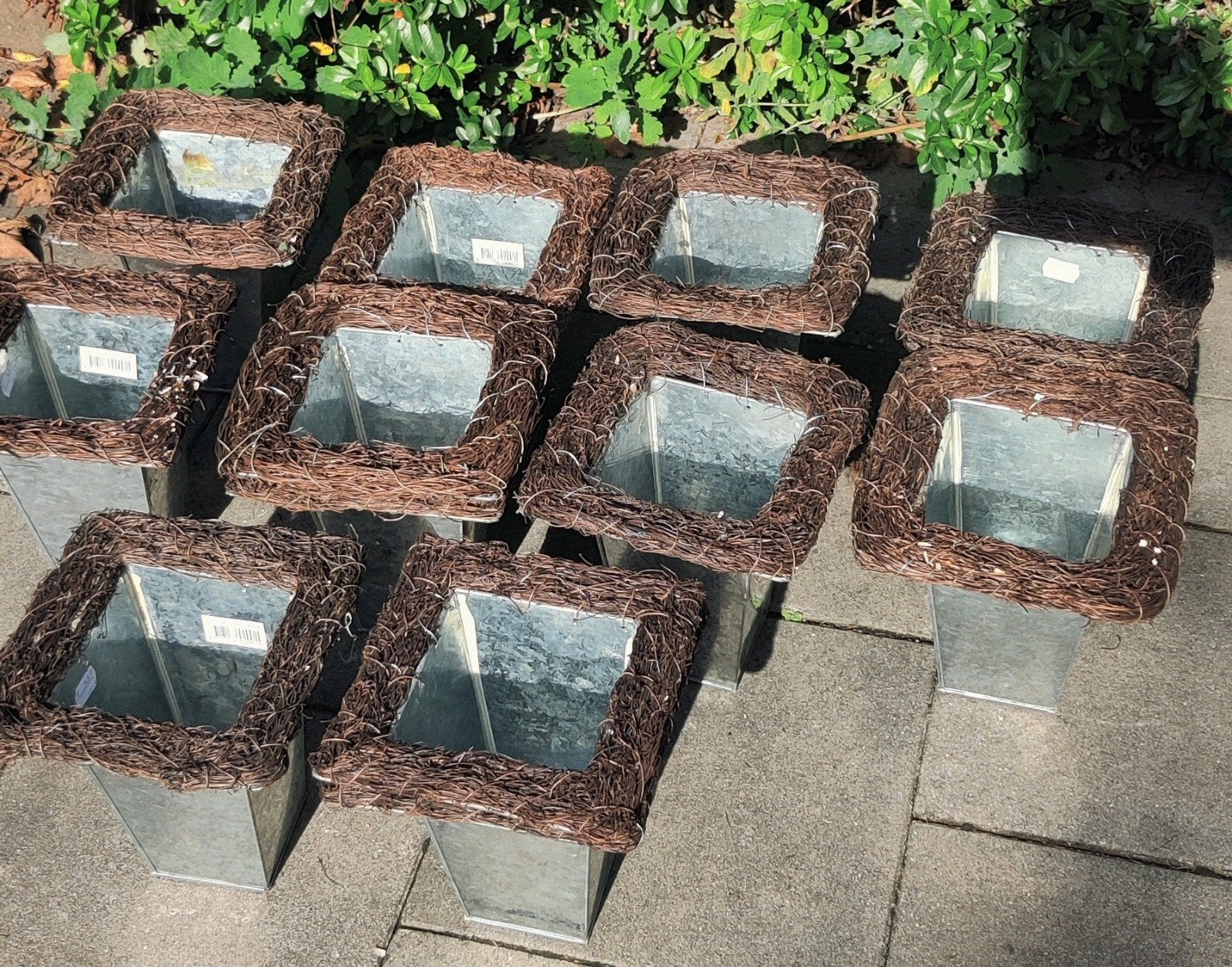 10x Zinken Bloempot met Rieten Rand, Minder dan 30 cm, Minder dan 60 cm, Vierkant, Ophalen of Verzenden