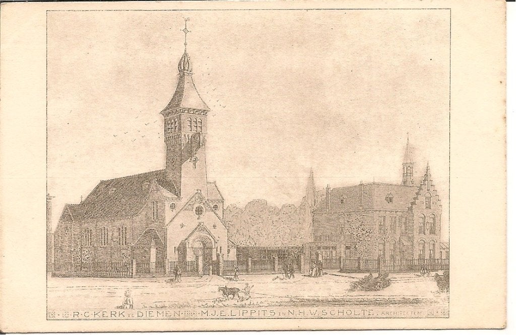 Oude ansichtkaart Diemen - Kerk en gebouwen, Ophalen of Verzenden, 1920 tot 1940, Ongelopen, Noord-Holland