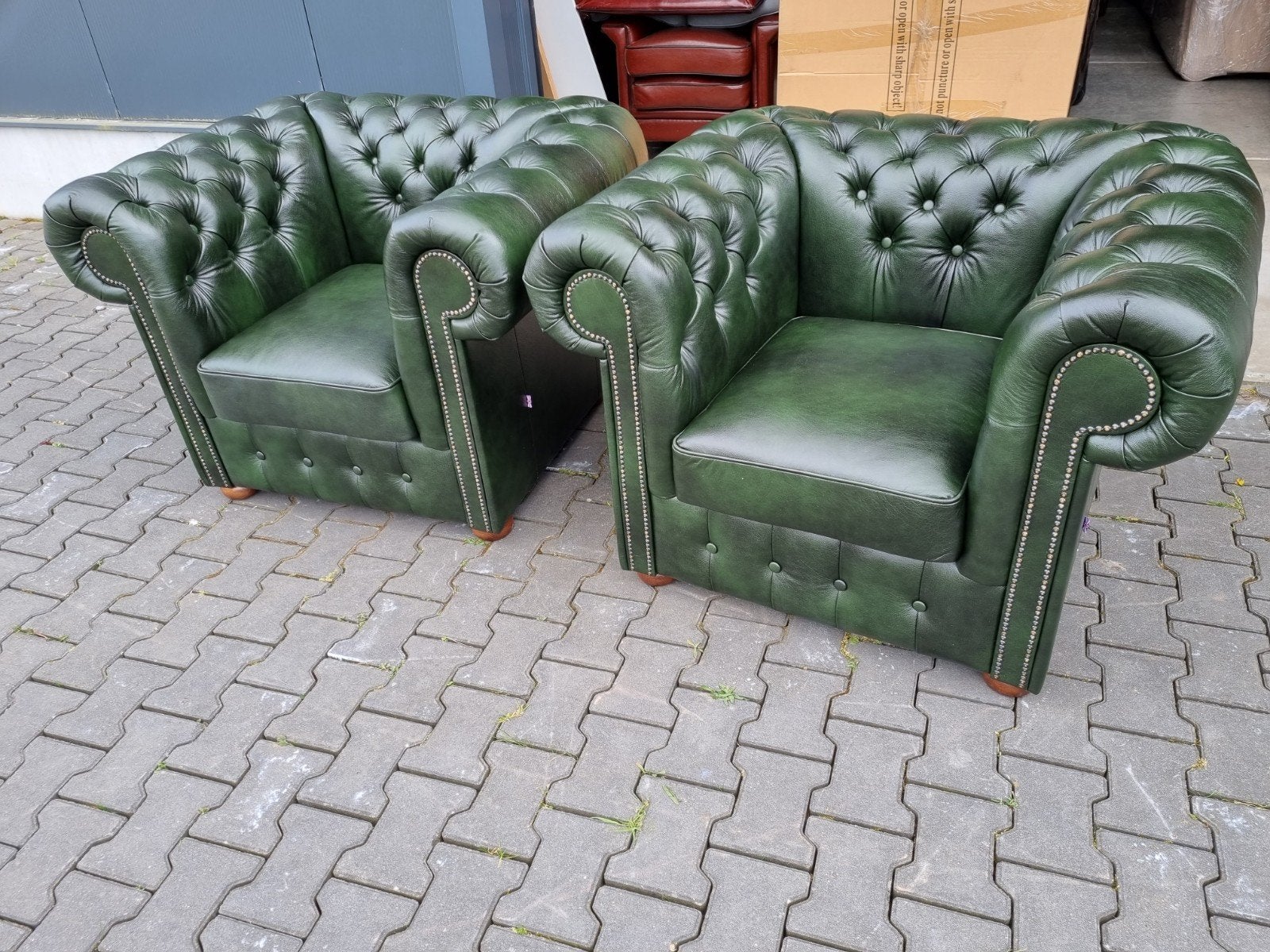 2x Chesterfield fauteuil groen leer + BEZORGING GRATIS, ., Chesterfield, Nieuw, Ophalen of Verzenden