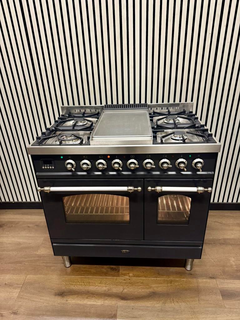 Luxe Boretti Fornuis antraciet/chroom 5 pits Frytop 90 cm, Witgoed en Apparatuur, Fornuizen, Fornello Esperta, Fornello Esperta