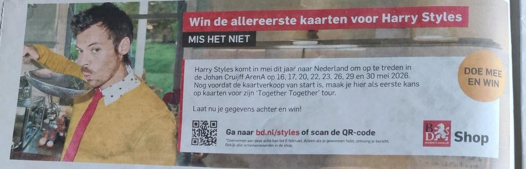 Harry Styles Krantenartikel knipsel, Ophalen of Verzenden, 1980 tot heden, Nederland, Knipsel(s)