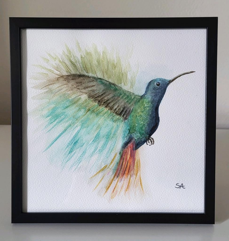 Aquarel Kolibrie - eigen werk - schilderij 20x20cm, Ophalen of Verzenden, Minder dan 50 cm, Schilderij, Minder dan 50 cm