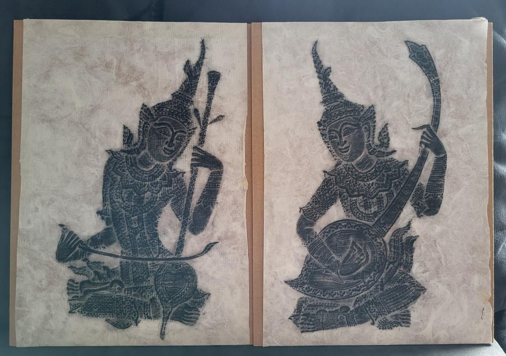 Unieke Thaise kunst van houtskool op rijstpapier - 2 stuks, Antiek en Kunst, Ophalen
