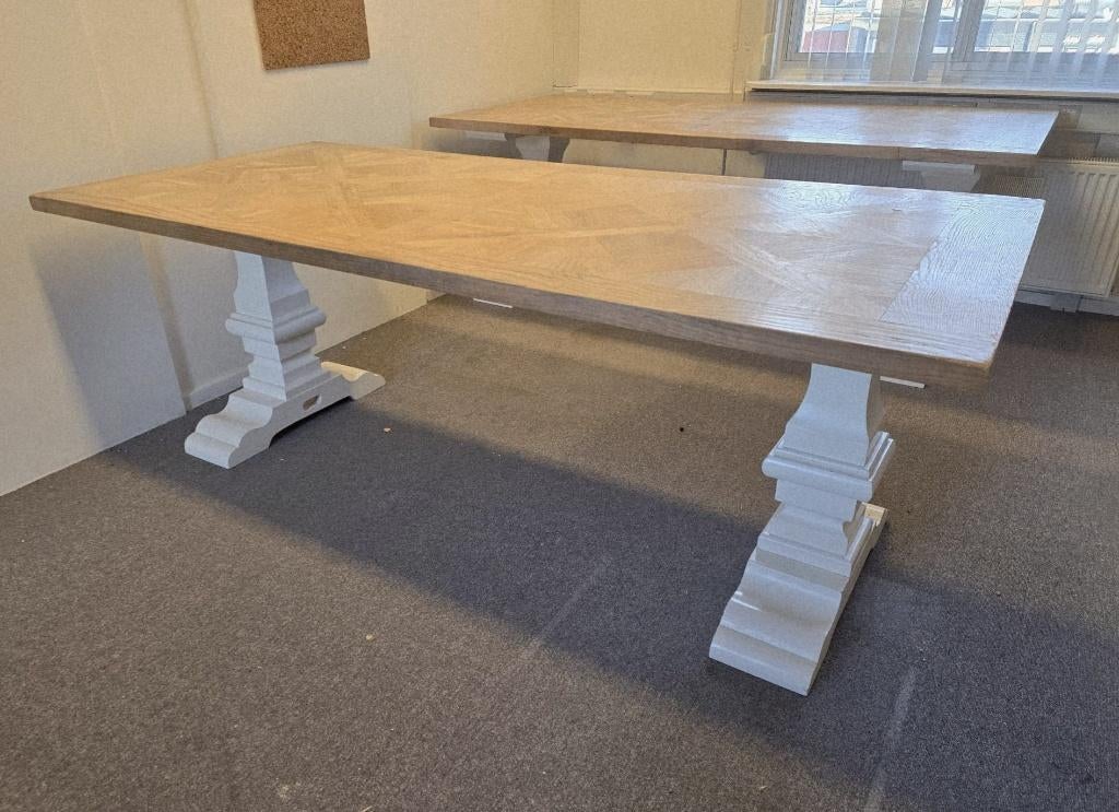Massief eiken kloostertafel 220x100 IngelegdKasteelvloerblad, Ophalen, 100 tot 150 cm, EigenMeubelmakerij@EigenMeubelmakerij.nl