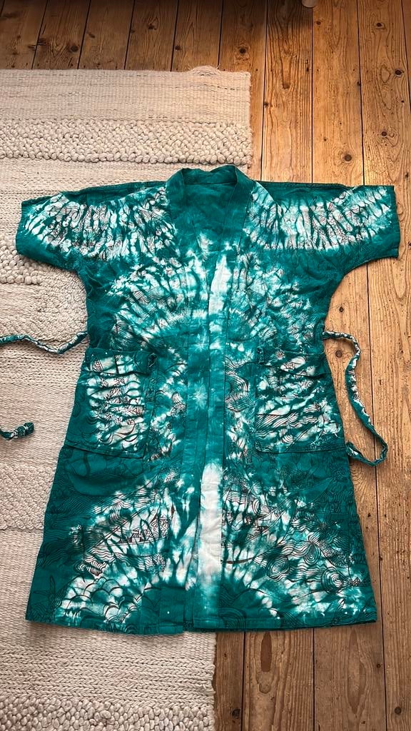 Vintage katoen tye dye kimono badjas xs  s, Ophalen of Verzenden, Zo goed als nieuw, Blauw, Overige typen