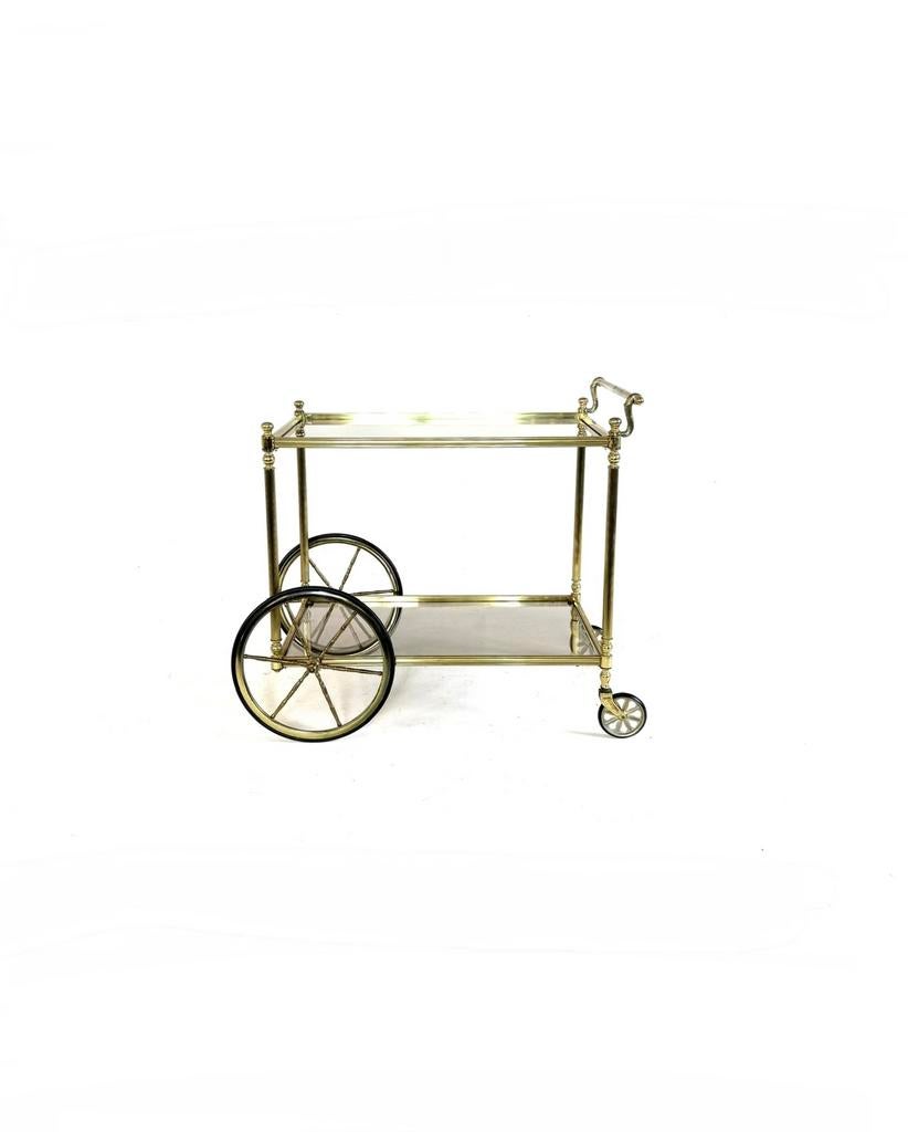Vintage messing & rookglazen trolley ‘80, Vintage retro buisframe design rotan webbing papercord deens, Metaal of Aluminium, Ophalen of Verzenden