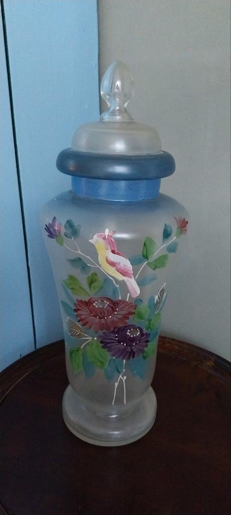 Vintage glazen vaas met vogel en bloemen, Ophalen of Verzenden