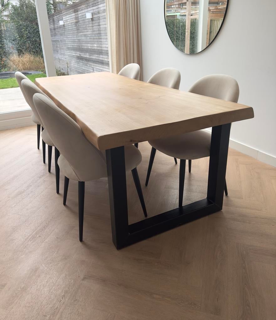 Boomstamtafel 220x90x8 massief populier + stalen U-poten, Huis en Inrichting, Tafels | Eettafels, Ophalen, 100 tot 150 cm, 200 cm of meer