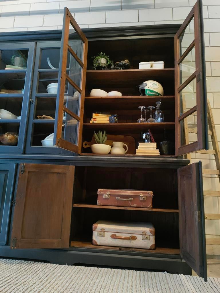 XL Vintage/Industriële zwarte schoolkast,Brocante buffetkast, Gebruikt, 200 cm of meer, Ophalen of Verzenden, 200 cm of meer