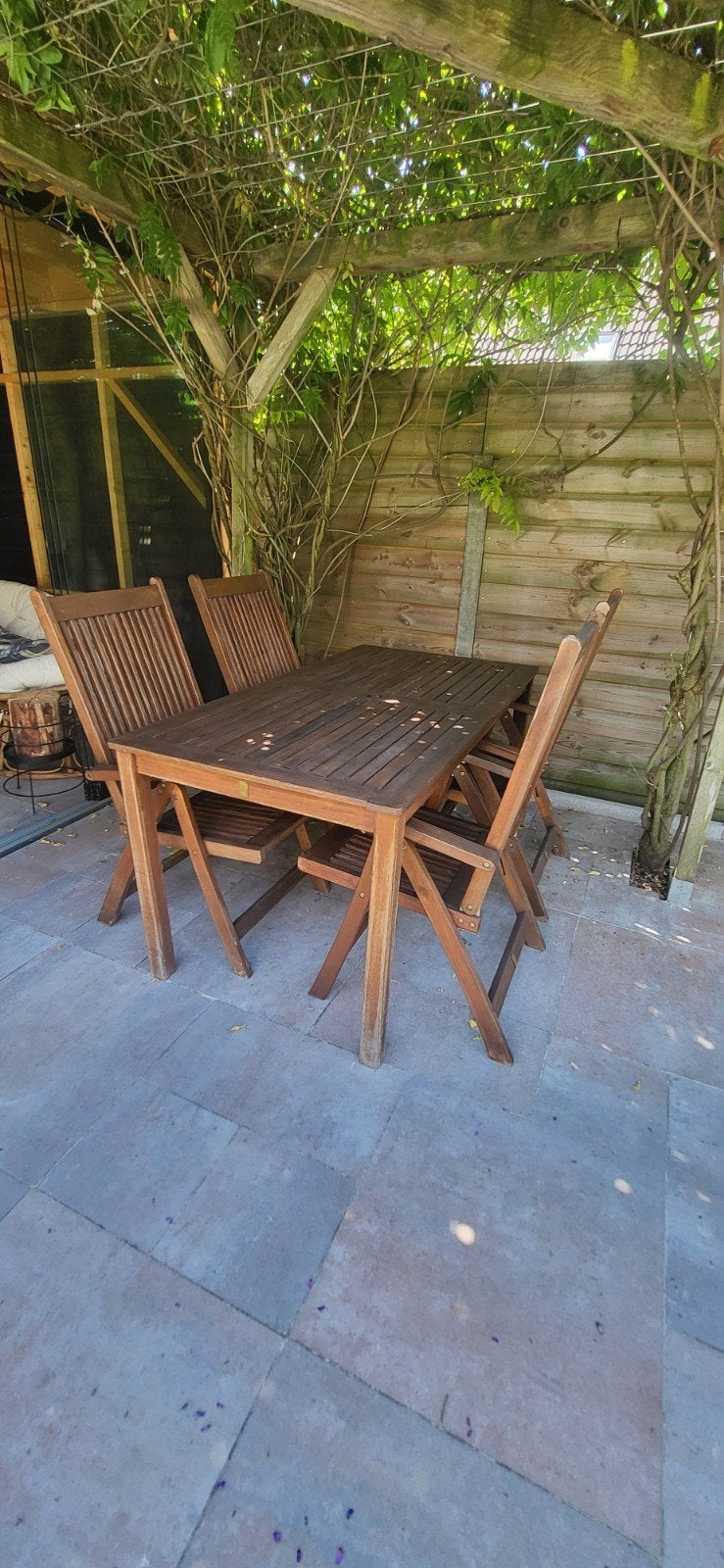 Houten tuinset met tafel en 4 stoelen, Ophalen, Gebruikt, Rechthoekig, Hout