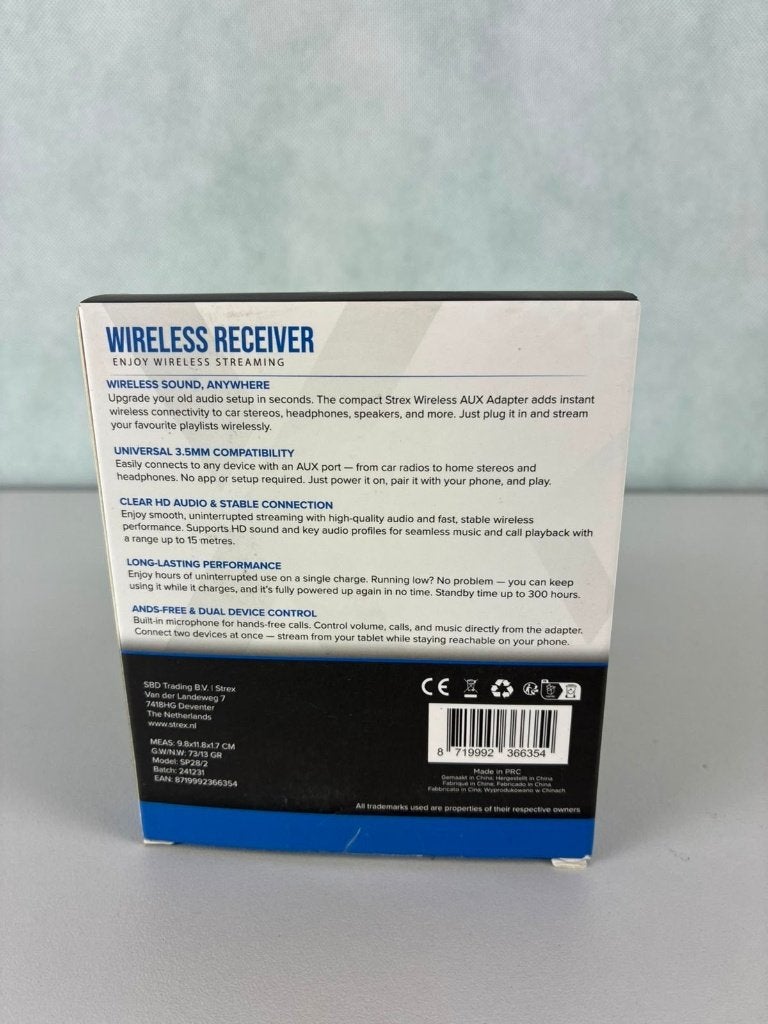 Strex Bluetooth Receiver 3.5mm AUX SP28, Ophalen of Verzenden, SBD Trading B.V. / Strex, Info@strex.nl, Van der Landeweg 7 7418 HG Deventer Nederland