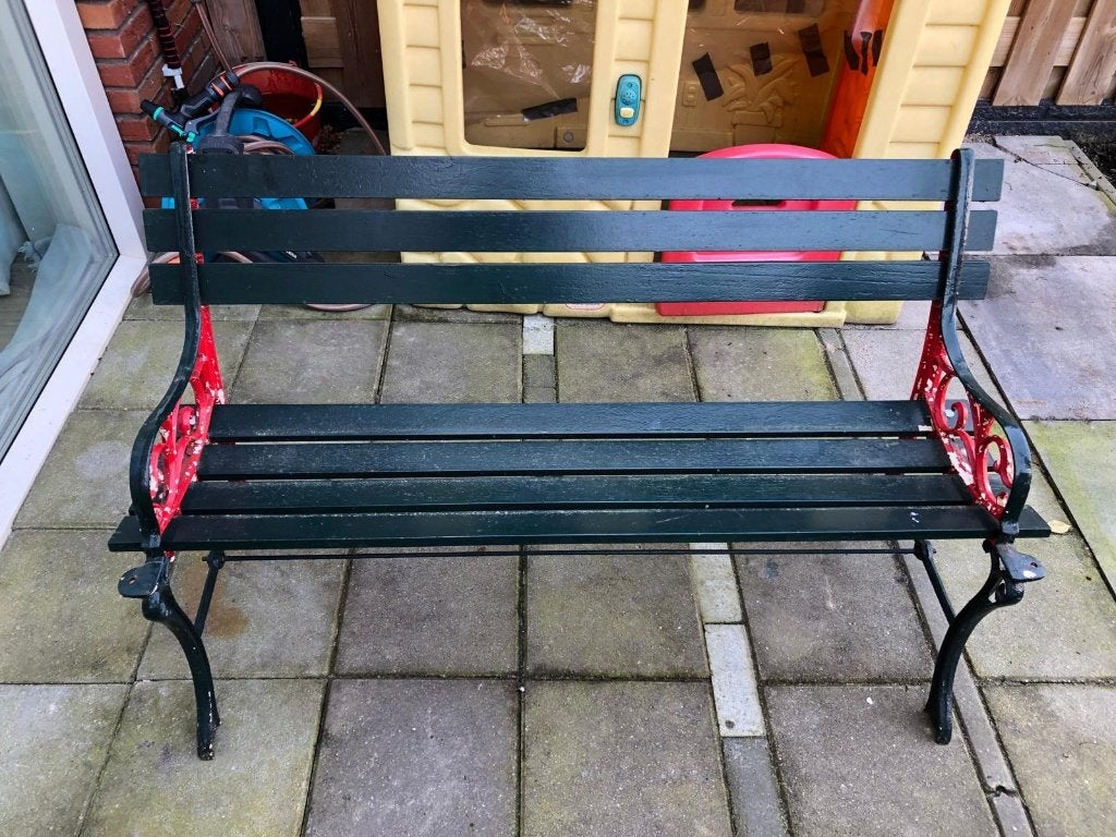 tuinbank laag, gietijzer en hout, 1 latje ontbreekt, Tuin en Terras, Tuinbanken, Ophalen, Gebruikt, Hout