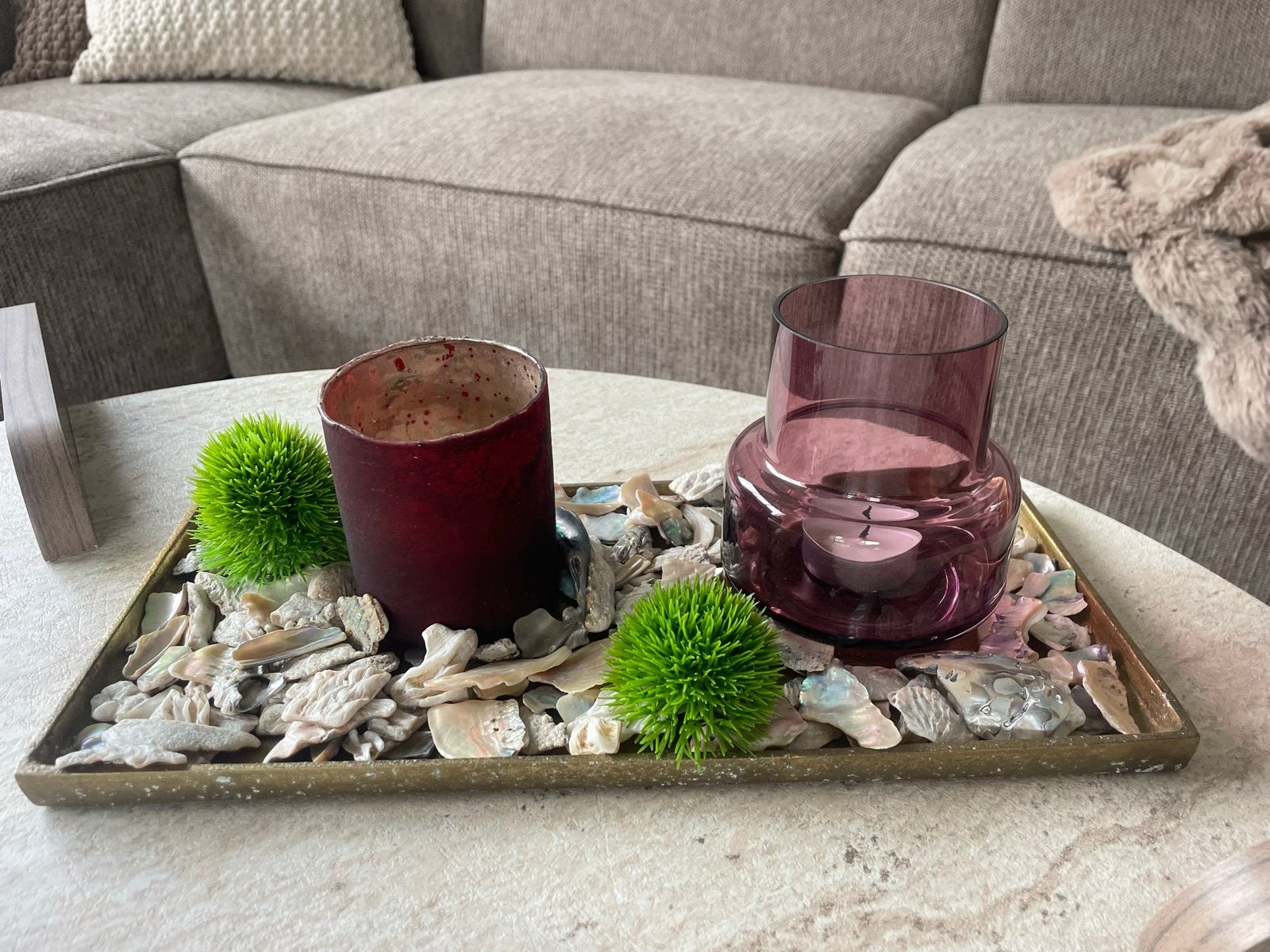 Decoratieve set: Dienblad, waxinehouders en vaasjes, Ophalen, Zo goed als nieuw, Modern, Glas