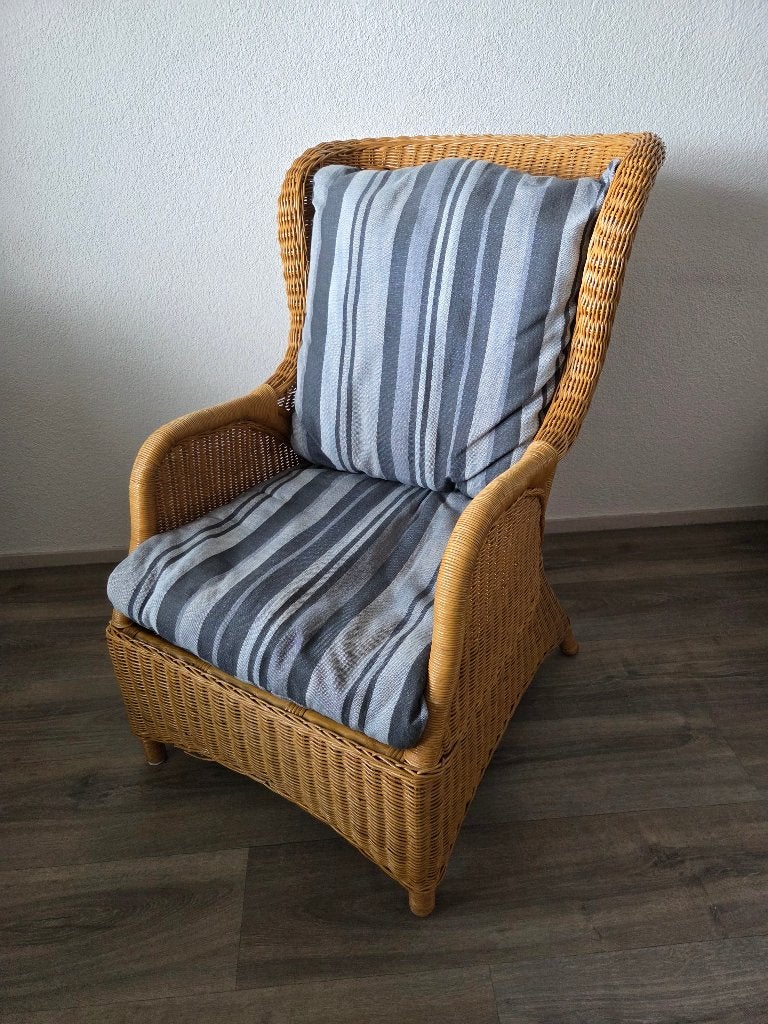 Rieten stoel met losse kussens, Ophalen, Gebruikt, Overige kleuren, Stof