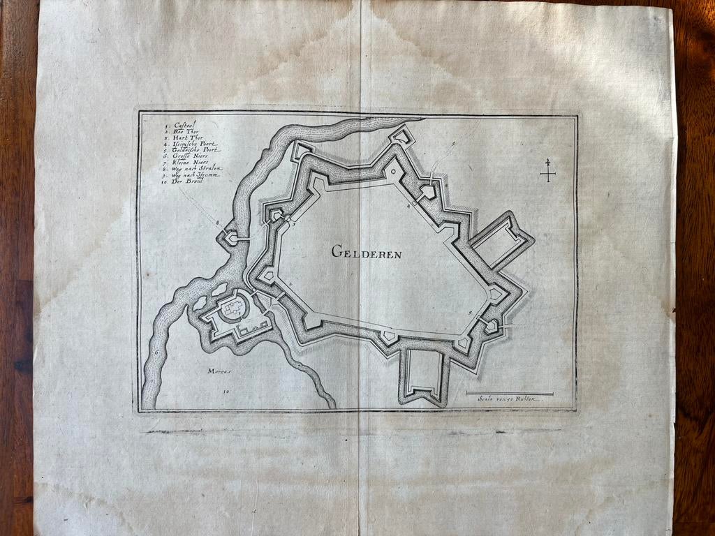 Antieke kaart (vestingkaart) Gelderen C. Merian 1660, Antiek en Kunst, Ophalen of Verzenden