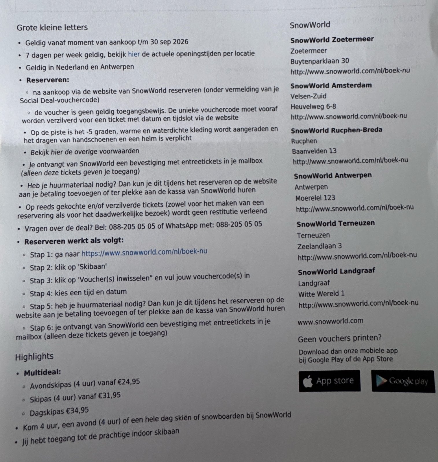 Last-minute 2 vouchers vrij skiën Snowplanet, Overige merken, Verzenden, Overige typen, Nieuw