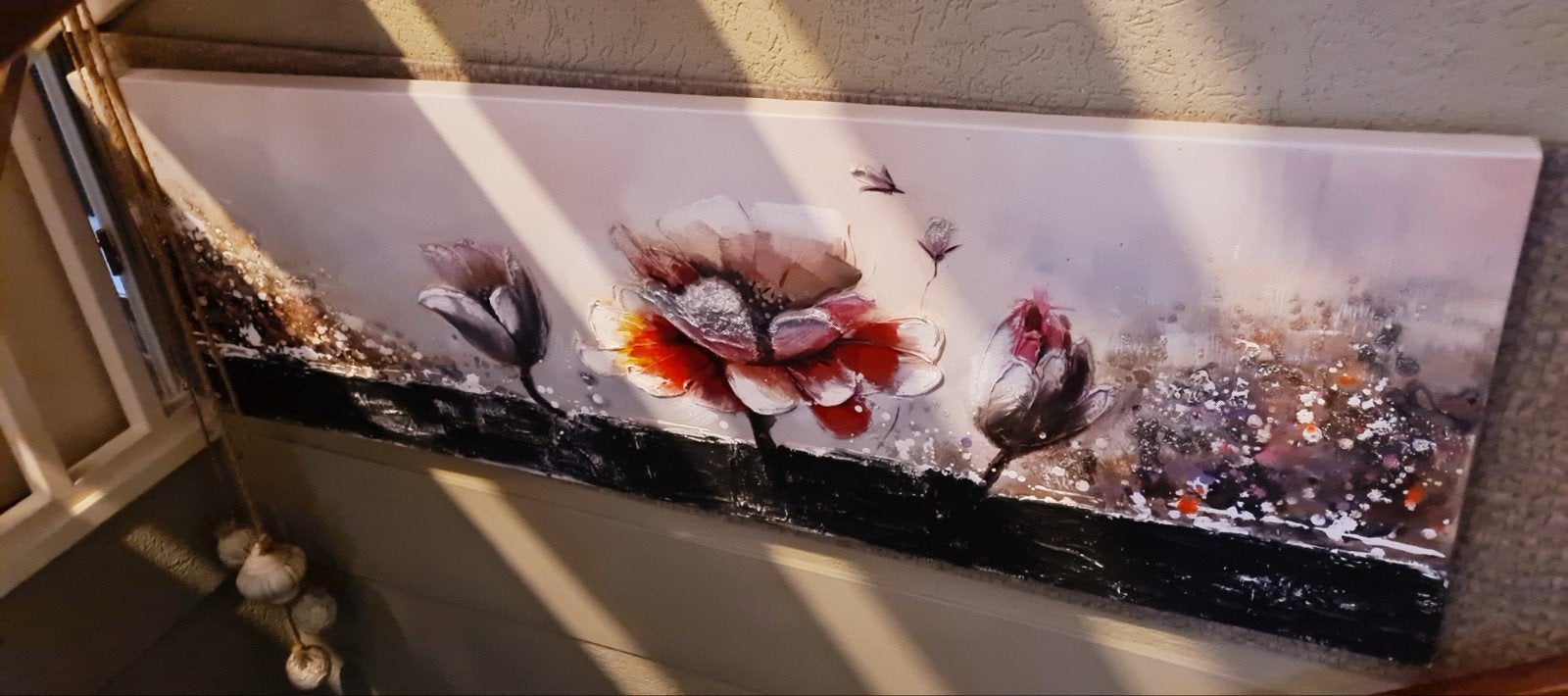 Schilderij met bloemen, acrylverf, 120x40 cm, Ophalen, Zo goed als nieuw, Schilderij, 100 tot 125 cm