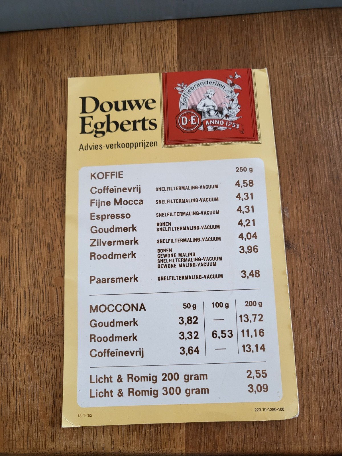 Vintage Douwe Egberts Advies-verkoopprijzen Koffie, Ophalen of Verzenden, Gebruikt