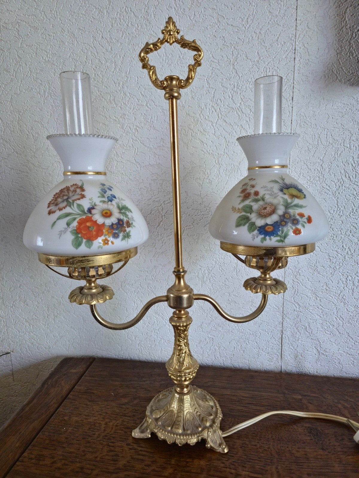 Vintage Messing Tafellamp met Bloemmotief Kappen, Ophalen