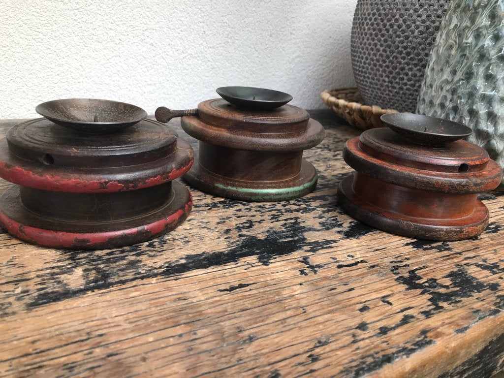 Indiase kandelaar klein uit India massief afval hout 12 cm, Verburgt Vintage, Bruin, Nieuw, Ophalen of Verzenden
