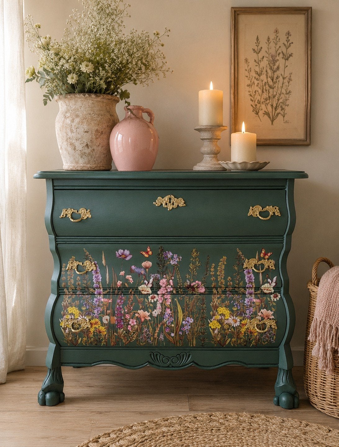 Prachtig antiek eiken buikkastje met botanische print, Huis en Inrichting, Kasten | Ladekasten, Ophalen, Antiek, vintage, brocante landelijk, kastje, kast