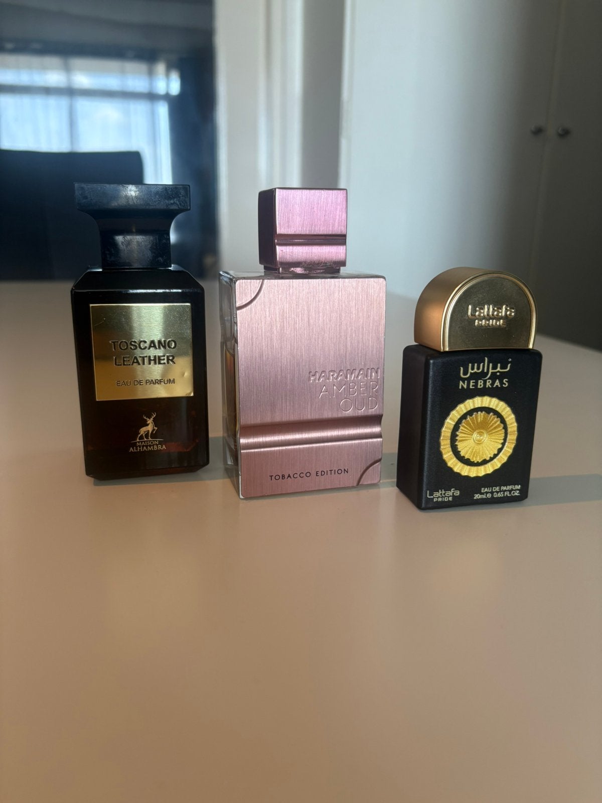 Amber Oud Tobacco Edition, Toscano Leather en Lattafa Nebras, Ophalen of Verzenden, Gebruikt
