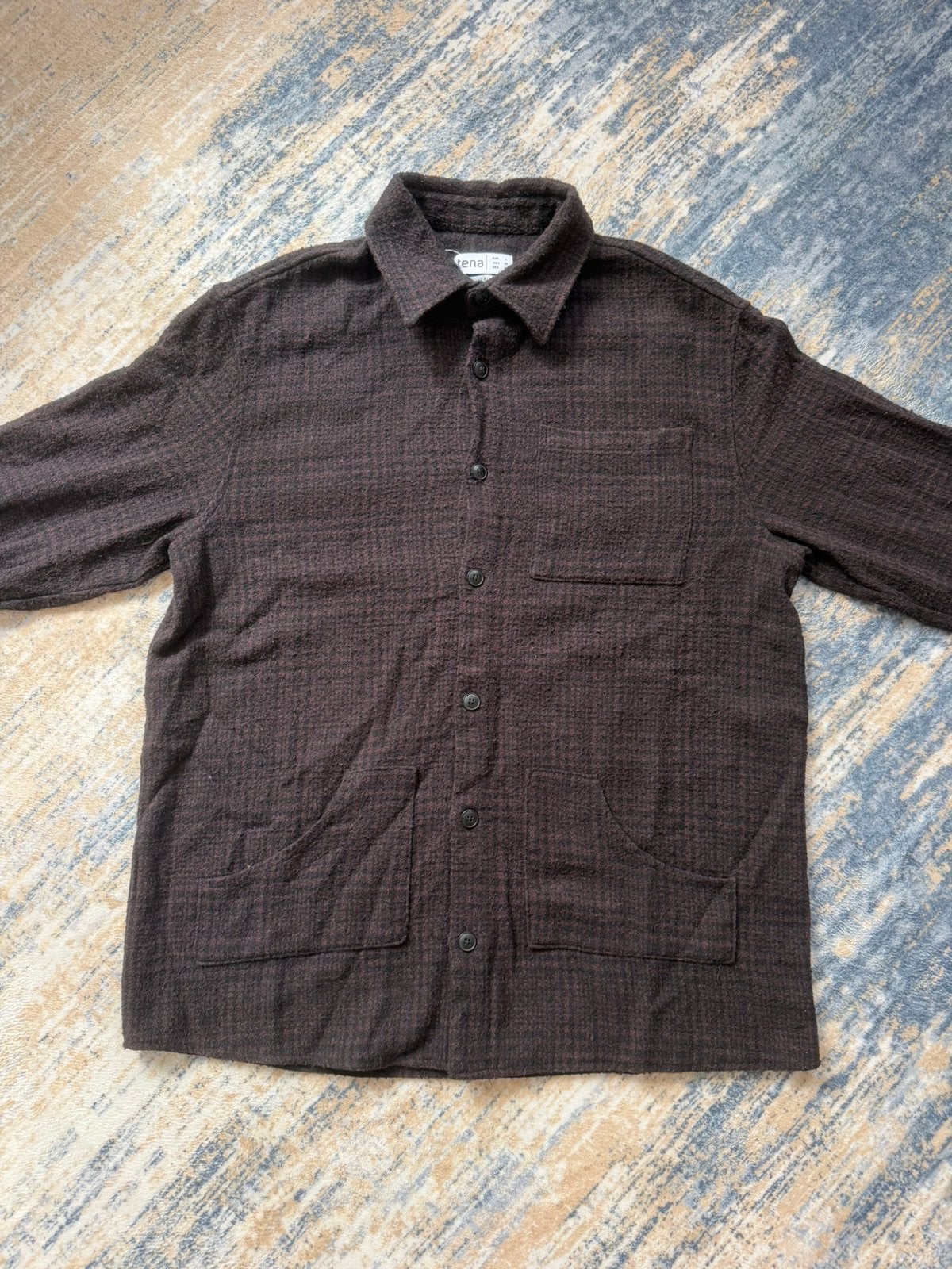 Tena Oversized Textured Button-Up Checkered Shirt / Shacket, Kleding | Heren, Ophalen of Verzenden, Zo goed als nieuw, Bruin, Halswijdte 41/42 (L)