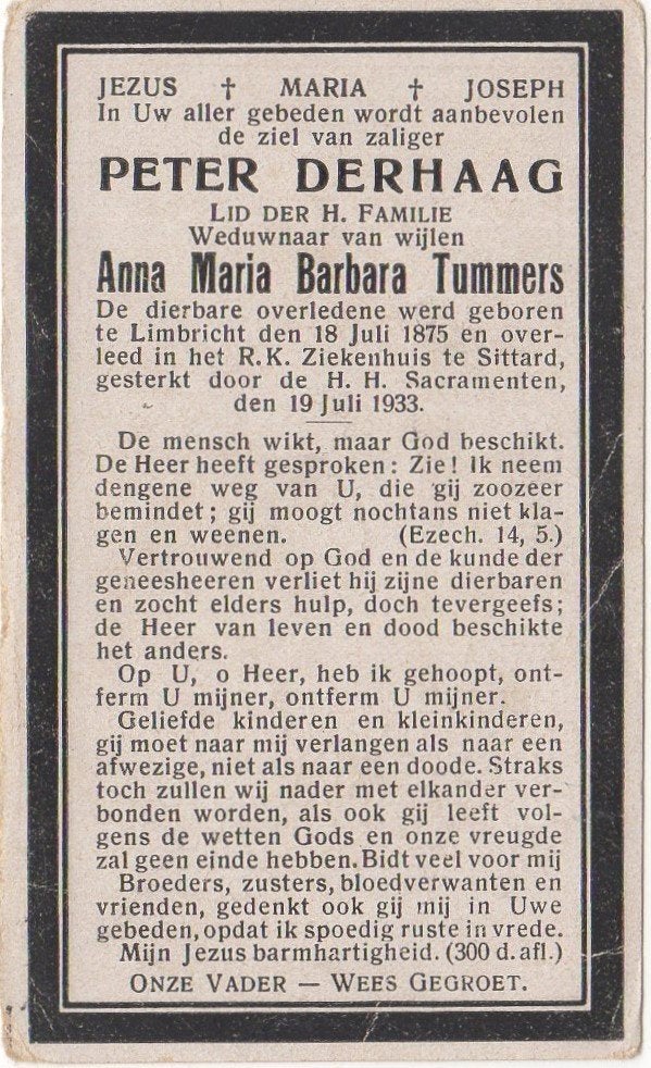 Peter Derhaag 1875 Limbricht + 1933 Sittard, 58 jaar oud, Verzenden