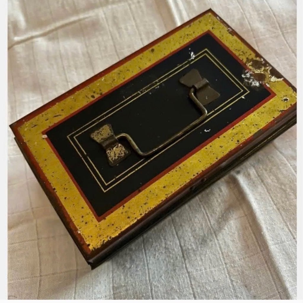 Vintage geldkist, blikken doos, Ophalen of Verzenden