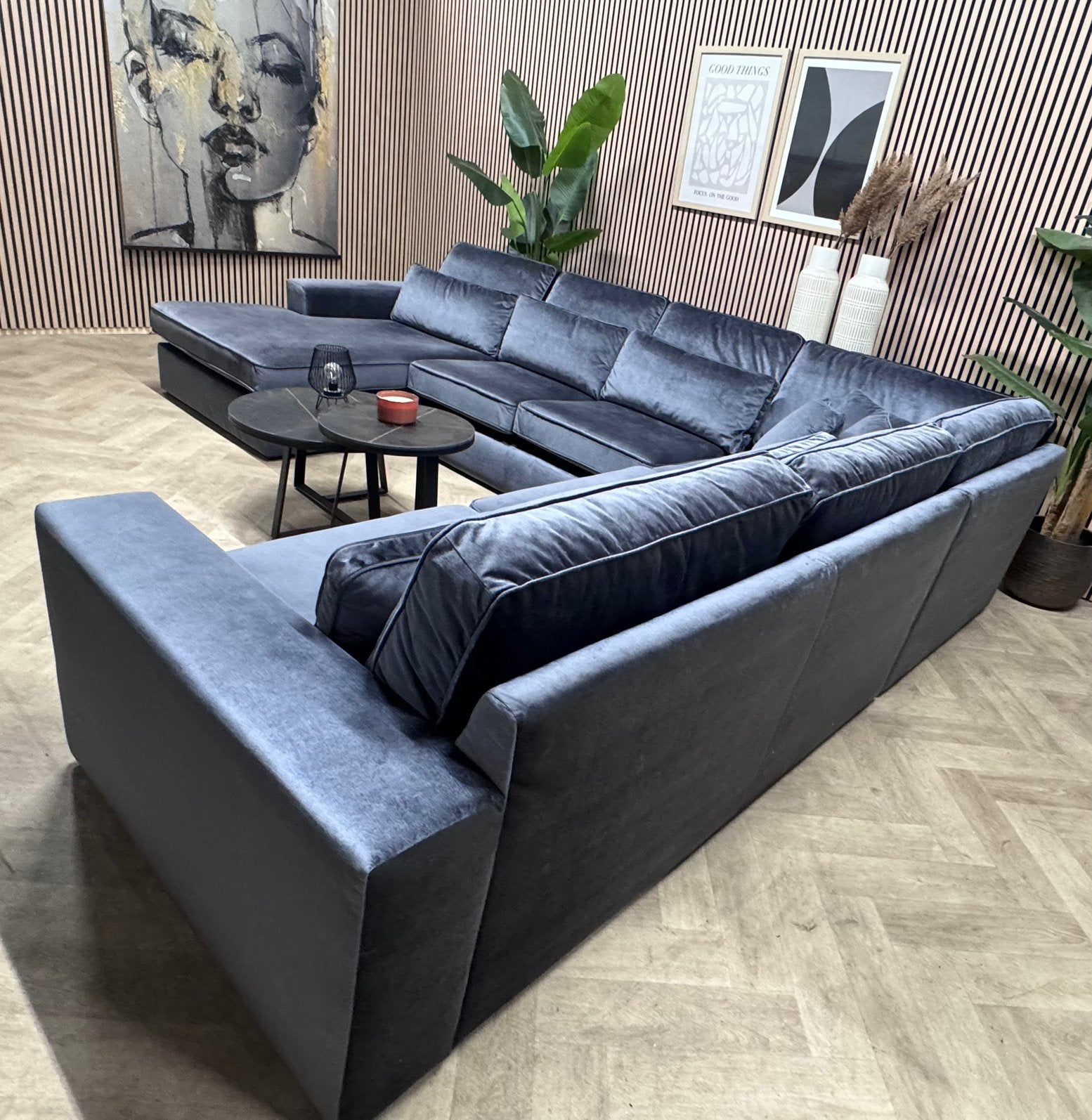 ZGAN Velvet Velours U-Bank / Hoekbank - Navy Blue - 365cm, -, -, Hoekbank, 300 cm of meer