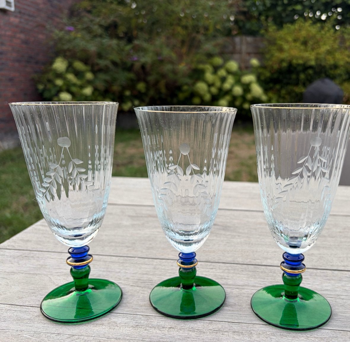 Set van 3 Vintage Kristallen glazen met groen blauwe voet, Ophalen of Verzenden