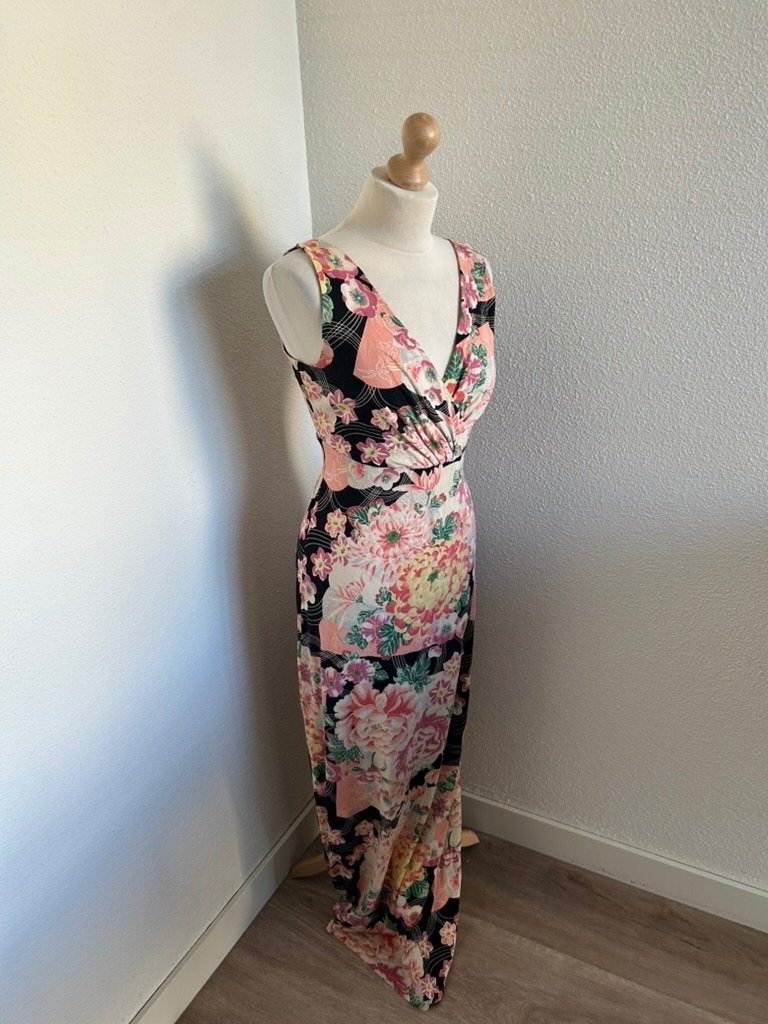 King Louie maat L zwarte bloemen maxi jurk 2975, Zwart, Maat 42/44 (L), Ophalen of Verzenden, Zo goed als nieuw