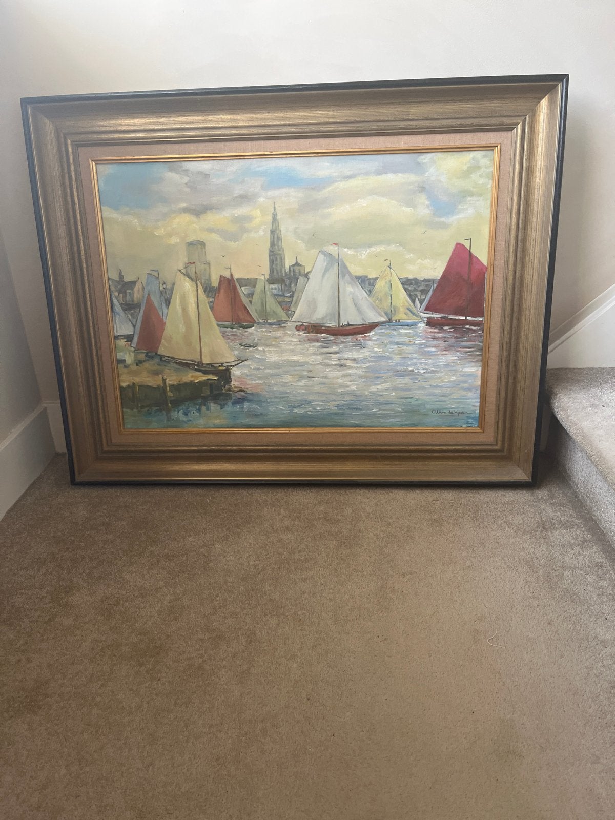 Ingelijst Schilderij Haven van Antwerpen - 90x70 cm, Maritiem / water, Doek, Realistisch, Ophalen of Verzenden