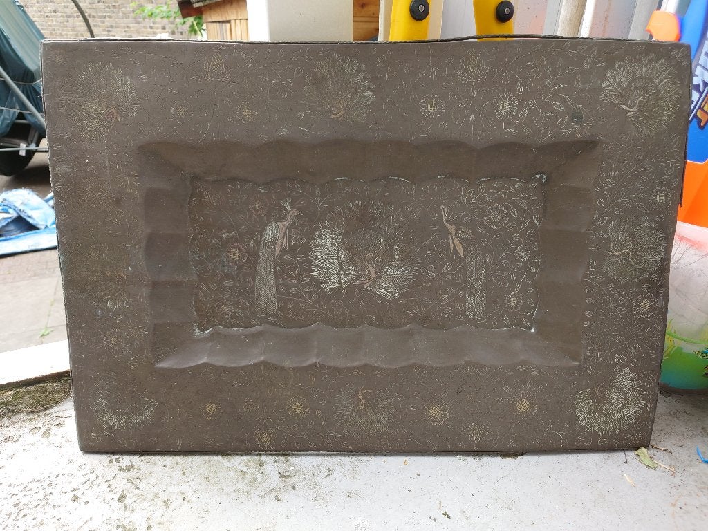 Antiek koperen wandpaneel met pauwen (60x40cm), Ophalen