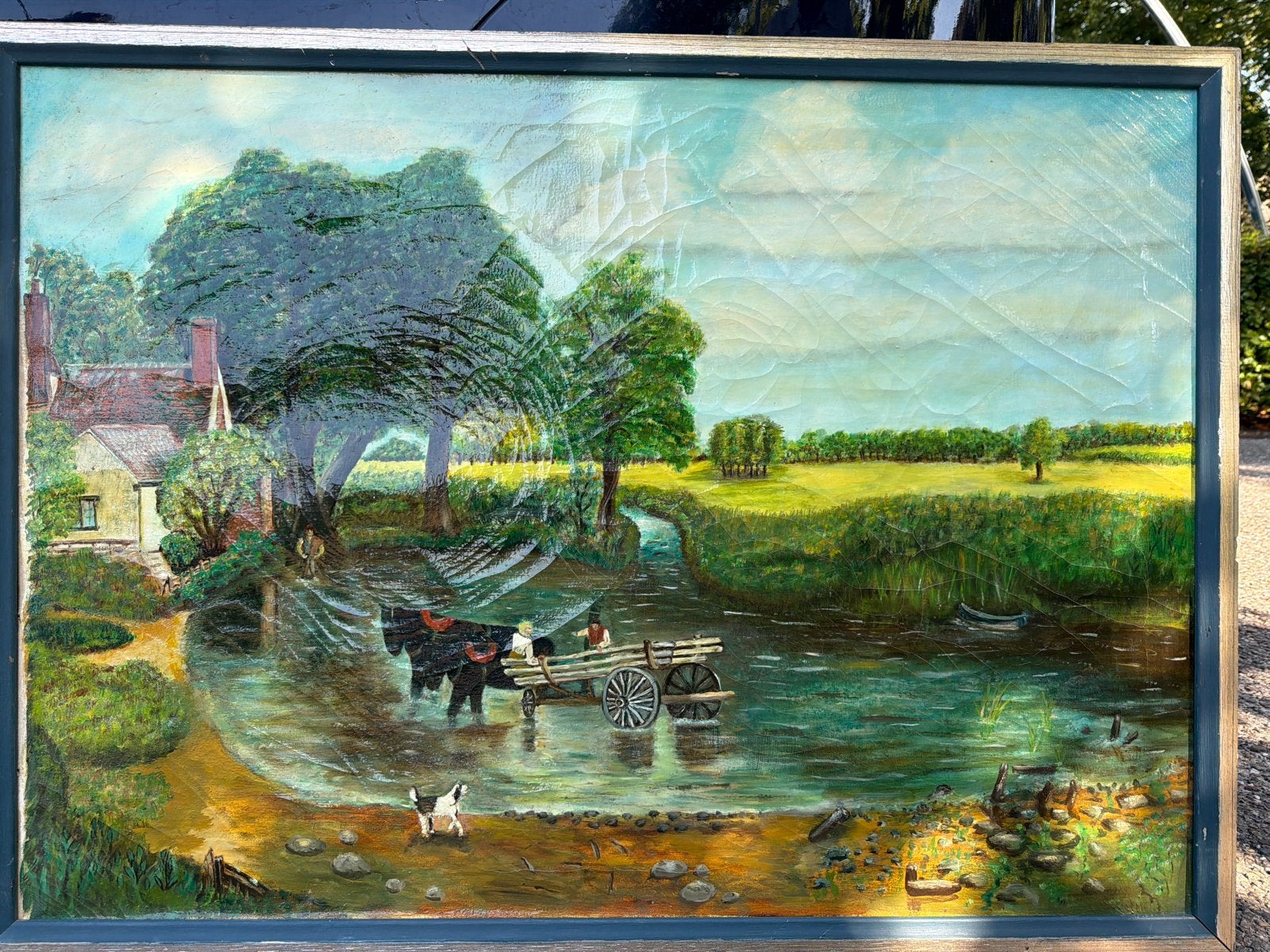 Olieverfschilderij: Landelijk tafereel met paard en wagen, Antiek en Kunst, Kunst | Schilderijen | Klassiek, Doek, Realistisch