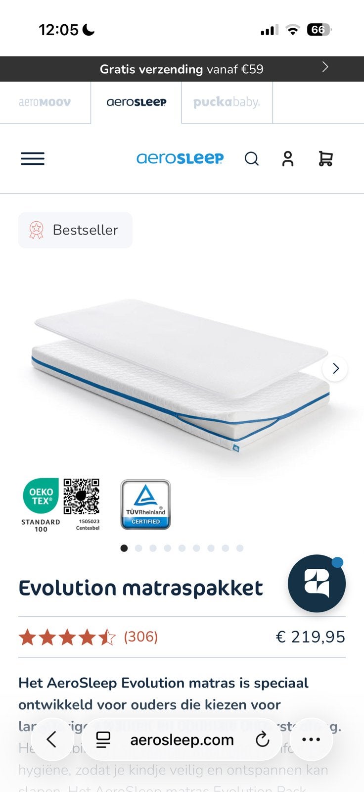 Nieuw Aerosleep Evolution matraspakket 140x70cm +hoeslakens, Nieuw, Matras, Eenpersoons, 70 cm of minder