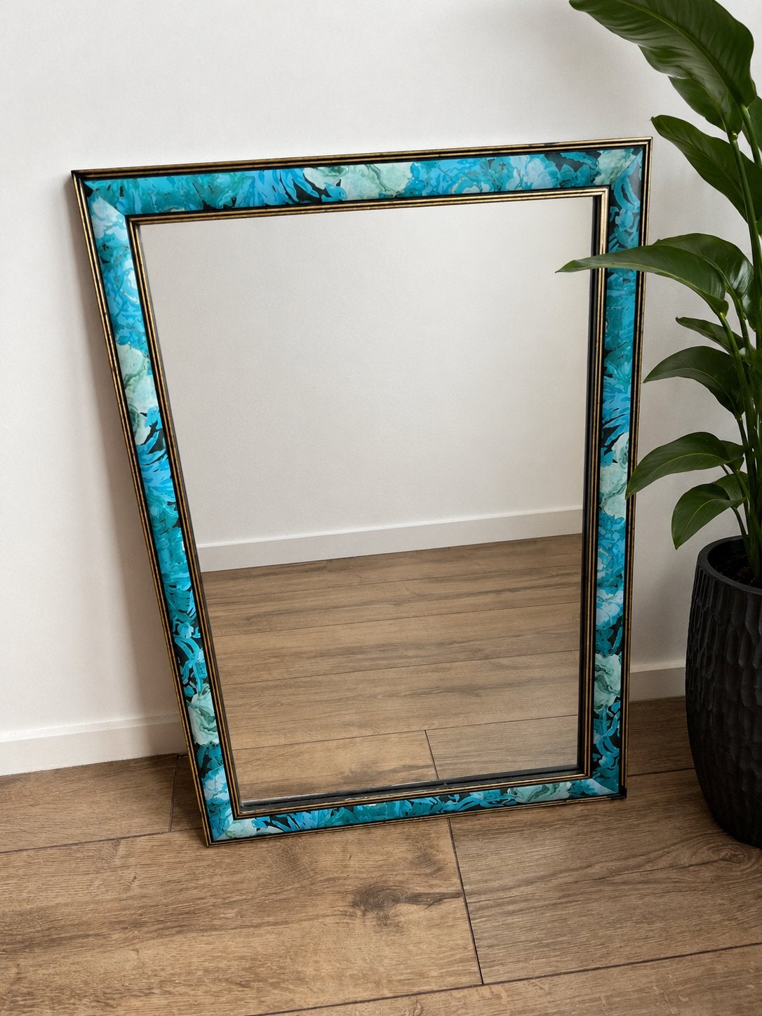 Wandspiegel blauwe bloemenrand, Ophalen, Gebruikt, Minder dan 100 cm, Rechthoekig