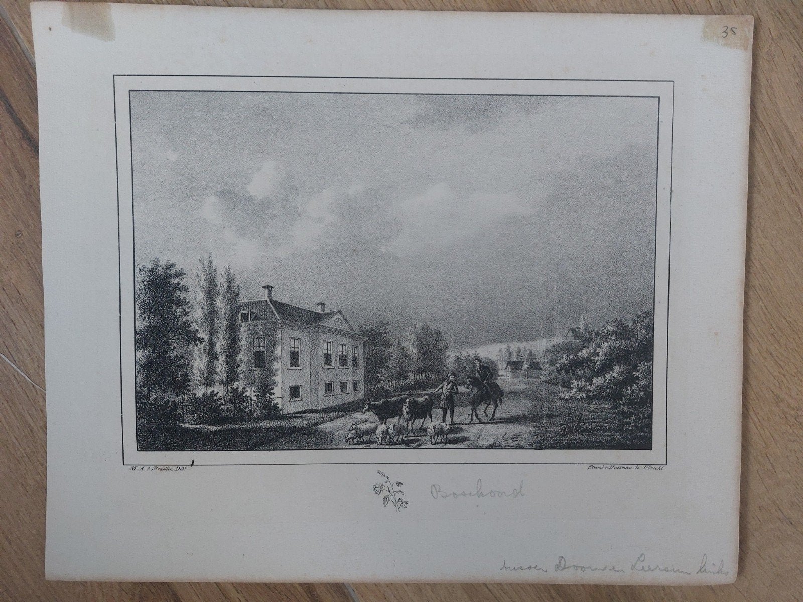 35 Bosschoord tussen Leersum en Doorn - Orig. steendruk 1829, Antiek en Kunst, Gesigneerd in de plaat, Ophalen of Verzenden, Landschappen