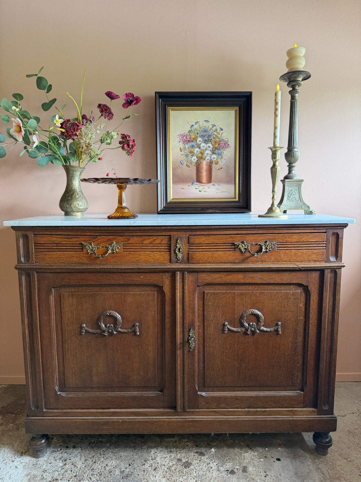 Vintage houten commode met wit marmeren blad, Ophalen, Gebruikt