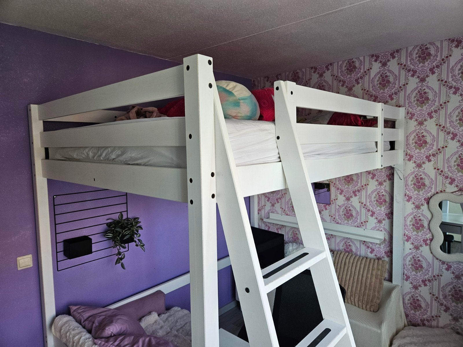 Witte hoogslaper met bureau en bankje, Huis en Inrichting, Slaapkamer | Stapelbedden en Hoogslapers, Ophalen, Gebruikt, Eenpersoons