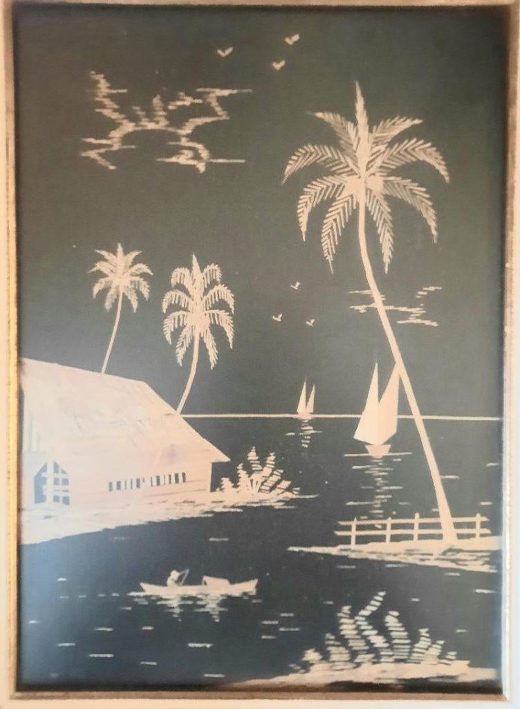 Echte rijst stro schilderij met palmbomen, Ophalen of Verzenden