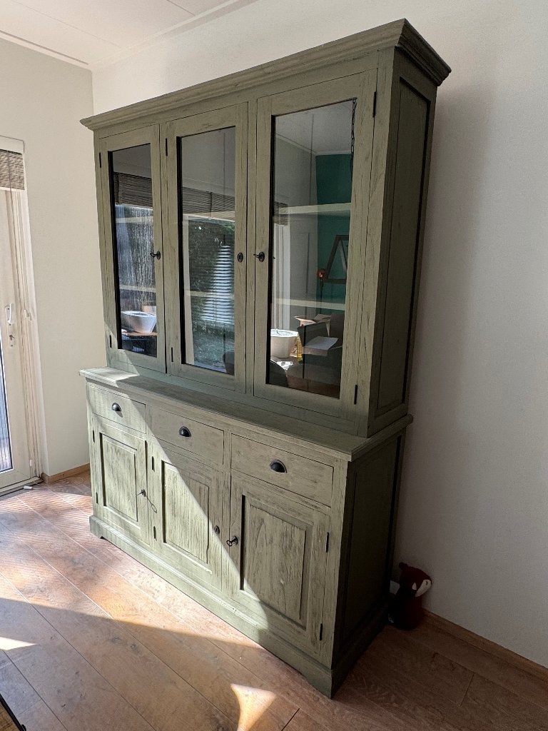 Prachtige olijfgroene buffetkast / vitrinekast, Ophalen, Glas, Met deur(en), 200 cm of meer