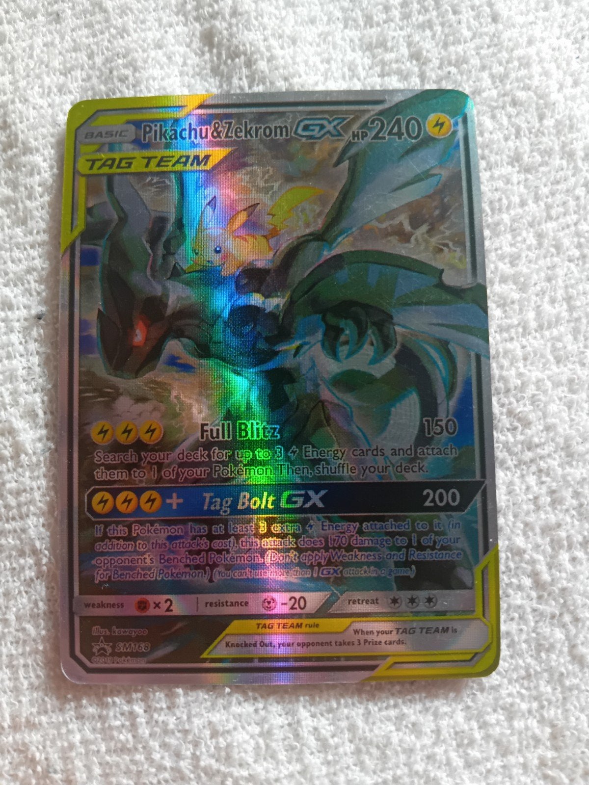 Pikachu & Zekrom GX SM168 Full Art Promo Pokémon Kaart, Ophalen of Verzenden, Zo goed als nieuw, Losse kaart, Foil